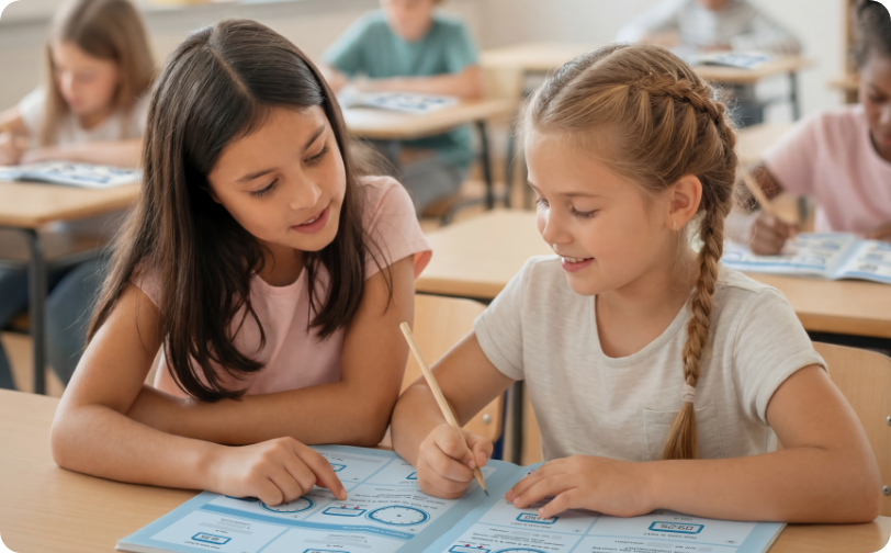Leerlingen werken op papier